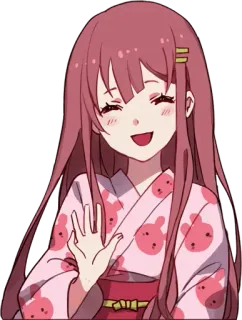 👋 chica anime, saludando, kimono, linda, pelo rosa, dibujo animado telegram sticker