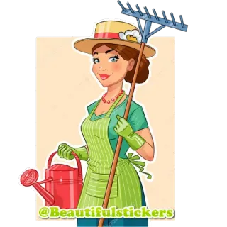 👩 @Beautifulstickers jardineiro, regador, ancinho, desenho animado, mulher, chapéu telegram sticker