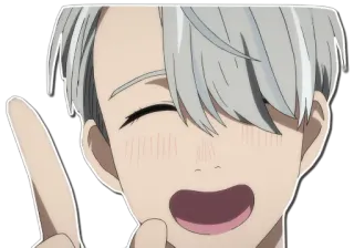 😅 Victor Nikiforov Yuri on Ice anime, personaje, patinaje sobre hielo, sonriendo, señalando telegram sticker