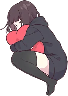 😴 动漫女孩, 拥抱, 可爱, 爱心枕头, 可爱, 卡通, 插图 telegram sticker
