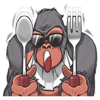 🍴 Gorilla, hungrig, Gabel, Löffel, Affe, Cartoon telegram sticker