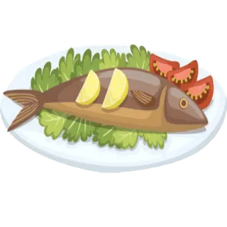 🐟 pescado, comida, plato, comida, almuerzo, cena, tomate, limón telegram sticker
