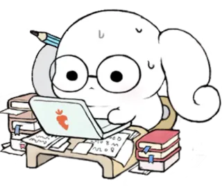 ☁ 만화, 귀여운, 토끼, 노트북, 공부, 안경, 당근 telegram sticker