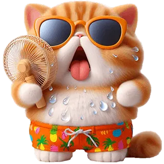 🥵 mèo, người hâm mộ, mùa hè, mồ hôi, kính râm, quần soóc nhiệt đới, mèo mướp cam telegram sticker
