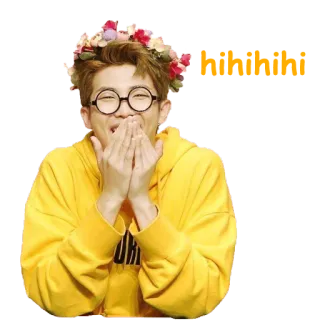 😄 RM BTS persona, corona di fiori, sorriso, felpa gialla, BTS, K-pop, uomo telegram sticker