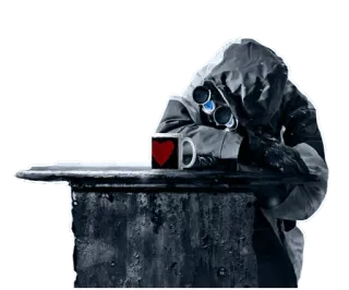 🙁 Máscara de gás, Figura encapuzada, Apocalipse, Pós-apocalíptico, Isolamento, Solidão, Copo, Coração telegram sticker