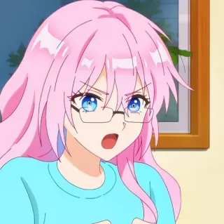 🙂 fille anime, cheveux roses, lunettes, yeux bleus, personnage de dessin animé telegram sticker