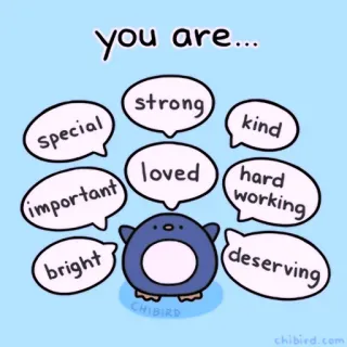 🍓 you are... special important bright strong kind loved hard working deserving penguin, motivational, positive, encouragement, cartoon, cute telegram sticker
