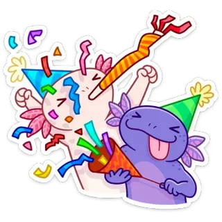 🥳 Axolotl, Party, Feier, Konfetti, Cartoon telegram sticker