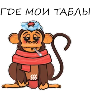 🙉 ГДЕ МОИ ТАБЛЫ małpa, chory, lekarstwo, tabletki, rosyjski, chory, przeziębienie, filiżanka, szalik telegram sticker