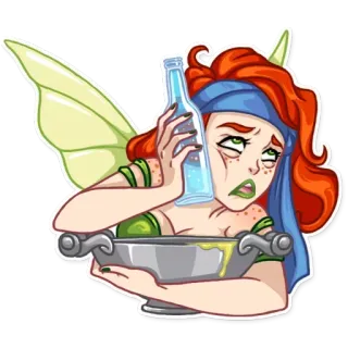 🤢 fata, alcol, ubriaco, donna, cartone animato, bottiglia, cucina whatsapp sticker