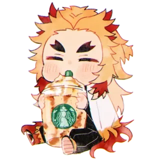 ✨ Rengoku Kyoujurou Demon Slayer anime, demon slayer, rengoku, chibi, starbucks, kaffee, süß whatsapp sticker