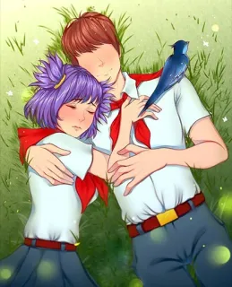 ❤️ การ์ตูน, อนิเมะ, ผู้คน, คู่รัก, กอด, ผ้าพันคอสีแดง, นอน telegram sticker