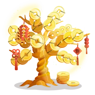 🍬 geldbomen, chinees nieuwjaar, rijkdom, geluk, voorspoed, gouden munten, lantaarns telegram sticker
