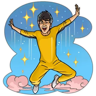 😆 Bruce Lee arts martiaux, saut, combinaison jaune, étoiles, nuages, joyeux, fête whatsapp sticker