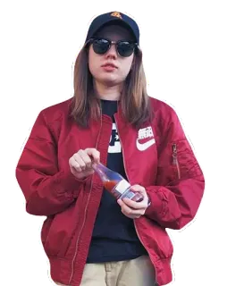 😎 pessoa, mulher, jaqueta, óculos de sol, garrafa, casual, estilo telegram sticker