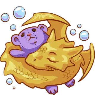 😴 drago, orsetto, carino, fantasy, cartone animato, adesivo, amicizia, viola, oro whatsapp sticker