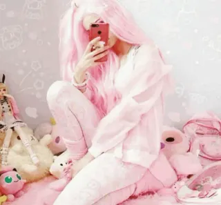 🍼 pink, girl, kawaii, cute, doll, selfie, plush, bedroom telegram sticker