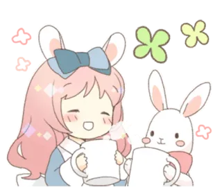 🐰 carino, kawaii, coniglio, ragazza, cartone animato, amicizia, tè, trifoglio telegram sticker