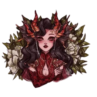 😈 demon, fantasy, horns, woman, portrait, flowers, digital art telegram sticker