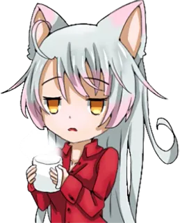 😒 고양이 소녀, 애니메이션, 만화, 귀여운, 귀엽다, 치비, 커피, 피곤한 telegram sticker