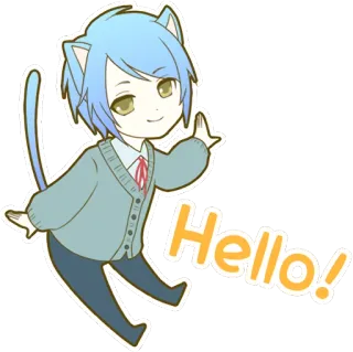 👋 Hello! 猫, 你好, 问候, 动漫, Q版, 可爱, 猫耳少年 whatsapp sticker