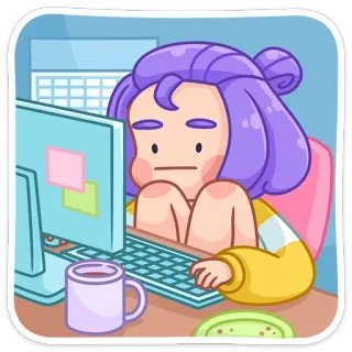 😐 ragazza, computer, scrivania, capelli viola, lavorando, pigro telegram sticker