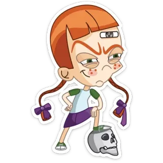 💀 girl, cartoon, skull, braids, freckles, character, playful telegram sticker