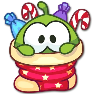 🍭 Om Nom Cut the Rope 옴Nom, Cut the Rope, 사탕, 크리스마스, 목도리, 만화, 귀여운, 초록색 telegram sticker