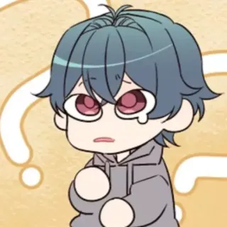 🍭 anime, manga, chibi, question marks, sad, tearful, grey hoodie whatsapp sticker