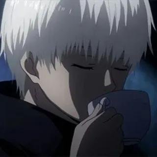 💉 Ken Kaneki Tokyo Ghoul 애니메이션, 도쿄 구울, 카네키 켄, 구울, 커피, 마시는, 흰머리 telegram sticker