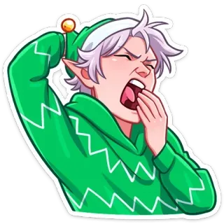 😴 elfo, sbadiglio, assonnato, cartone animato, carino, felpa verde, personaggio, stanco telegram sticker