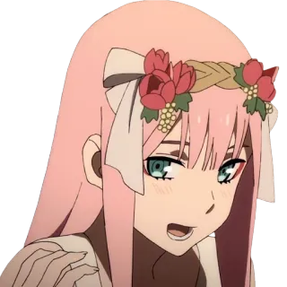 🌸 Zero Two Darling in the Franxx Аниме, Персонаж, Zero Two, Darling in the Franxx, розовые волосы, венок telegram sticker