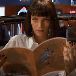 ✅ Mia Wallace Pulp Fiction Mia Wallace, Pulp Fiction, Uma Thurman, film, lettura, personaggio telegram sticker