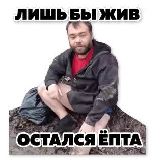 ✊ ЛИШЬ БЫ ЖИВ
ОСТАЛСЯ ЁПТА мужчина, грязь, грязь, русский, текст telegram sticker