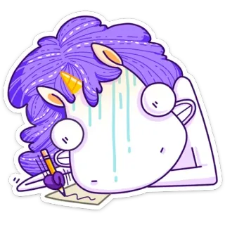 😰 kỳ lân, viết, hoạt hình, căng thẳng, đổ mồ hôi, màu tím, vẽ, truyện tranh telegram sticker