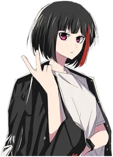 ✌️ anime, chica, paz, signo, pelo negro, ojos rojos, chaqueta telegram sticker