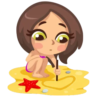 ❤ menina, praia, areia, coração, estrela do mar, desenho animado, desenho telegram sticker