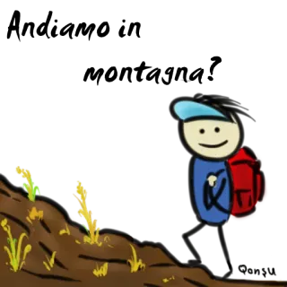 🗻 bonhomme allumette, points d'interrogation, sac à dos, colline, randonnée telegram sticker