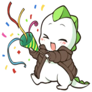 🎉 celebração, dinossauro, confetes, fofo, festa, desenho animado whatsapp sticker