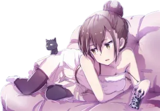 ❄ BLACK anime, girl, couch, tv remote, cat, relaxing, sleepy telegram sticker