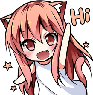 🖐 Hi chica anime, kawaii, orejas de gato, saludo, pelo rosa, lindo, dibujos animados whatsapp sticker