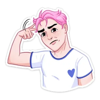 😐 Person, pinke Haare, weißes T-Shirt, blaues Herz, denken, Mann, Illustration telegram sticker