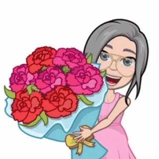 💐 Dibujo animado, Mujer, Flores, Ramo, Rosa, Pelo gris, Gafas, Feliz telegram sticker