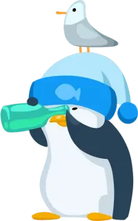 😉 pinguino, uccello, bottiglia, bere, cartone animato whatsapp sticker