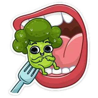 😬 브로콜리, 채소, 음식, 만화, 입, 포크, 먹기, 귀여운 telegram sticker