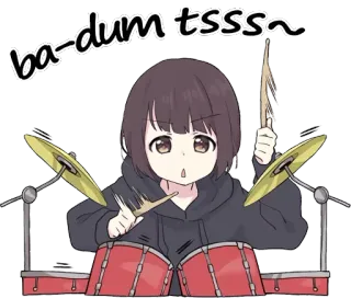 🥁 ba-dum tsss~ игра на барабанах, аниме девушка, музыка, шутка, комедия, ударная установка telegram sticker