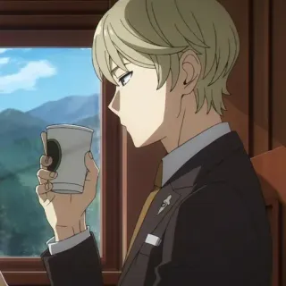 🥜 anime, man, coffee, blond hair, suit, window, side profile whatsapp sticker