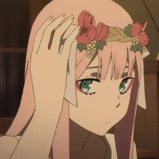 🐚 Zero Two Darling in the Franxx anime, zero two, darling in the franxx, girl, pink hair, flower crown telegram sticker