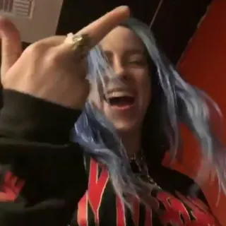 😁 Billie Eilish middle finger, singer, celebrity, blue hair, offensive, gesture telegram sticker
